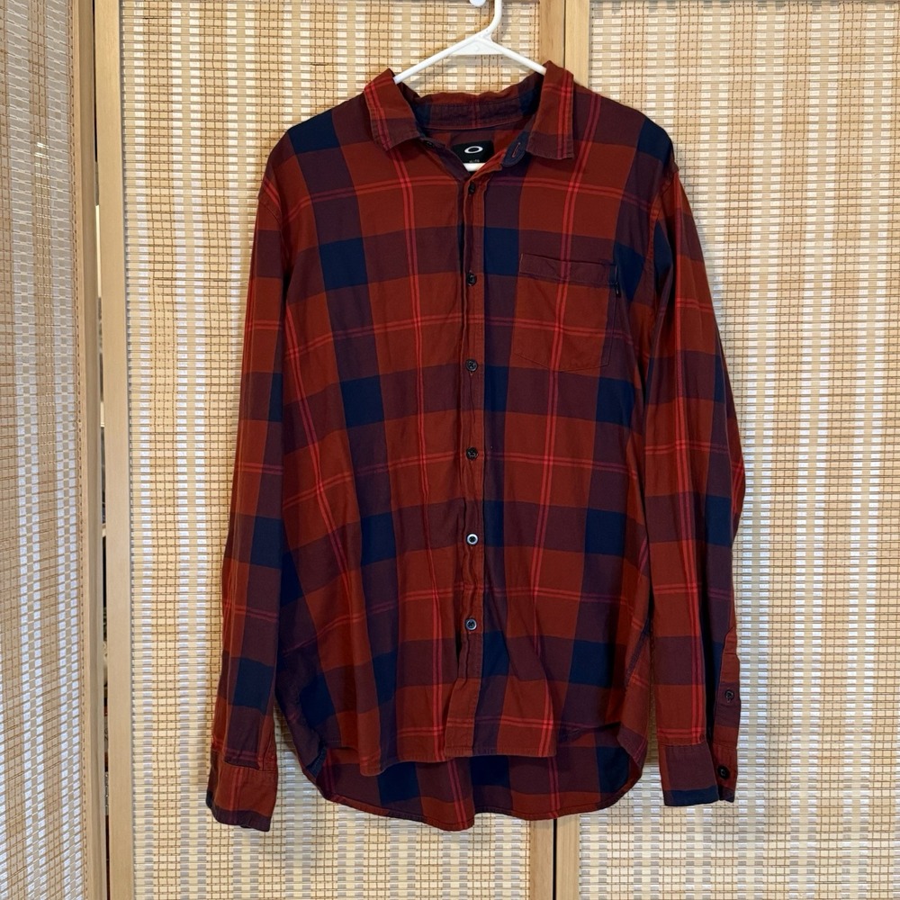 Oakley Mens XL Flannel Shirt Red Orange Plaid Button Up Western Preppy Ranchcore